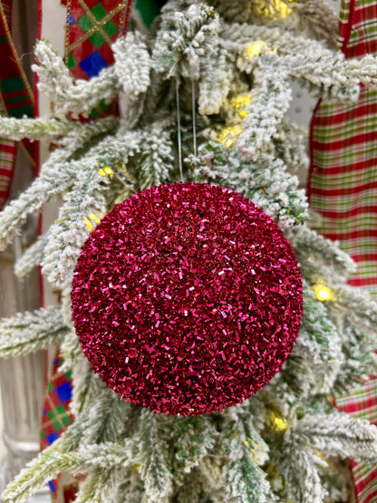 5 Inch Fuchsia Foil Glitter Ball Ornament