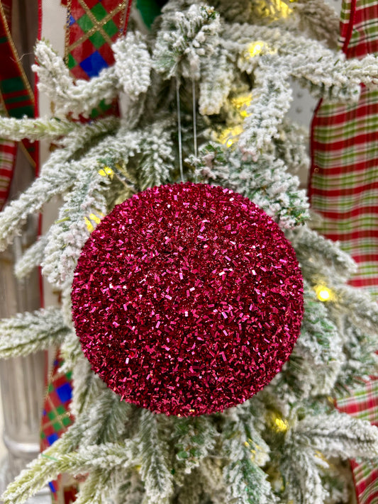 5 Inch Fuchsia Foil Glitter Ball Ornament