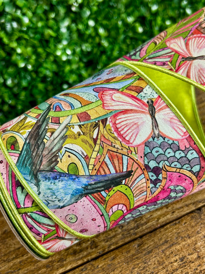 D. Stevens 4 Inch By 10 Yard Pink Aqua And Blue Spring Floral Butterfly And Bird With Lime Backing Ribbon