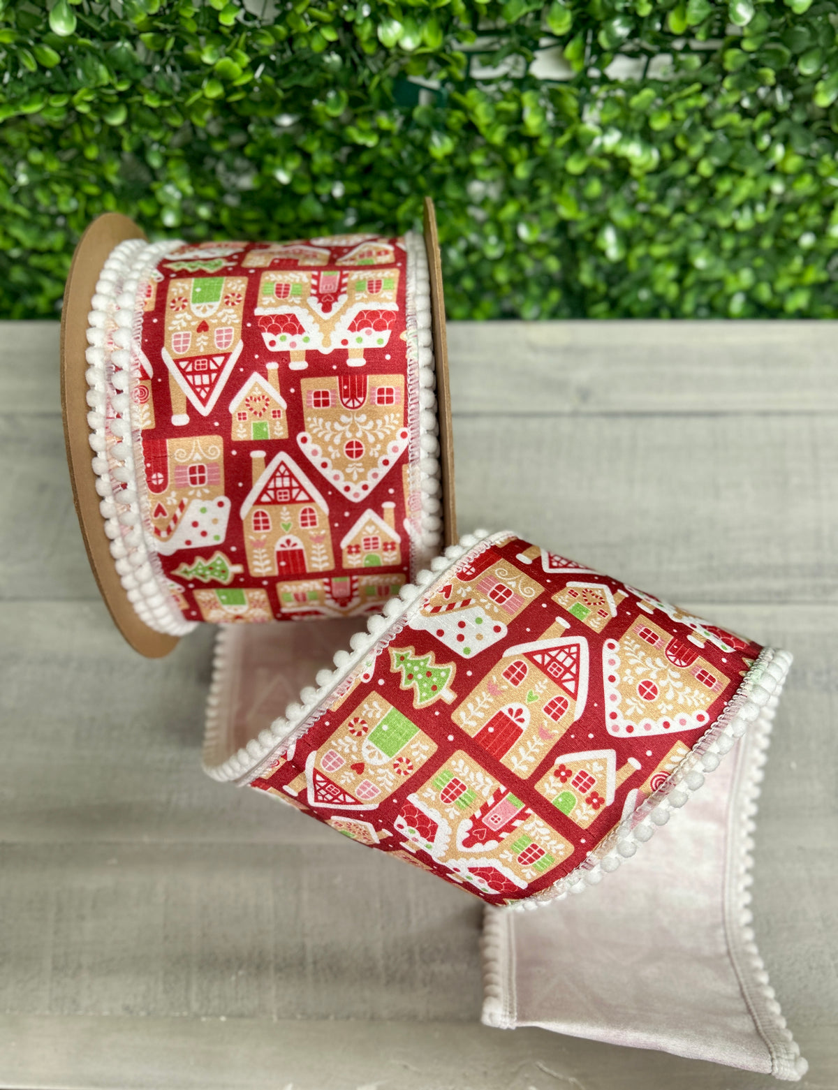 4 Inch By 10 Yard Gingerbread Houses On Red With White Backing Ribbon