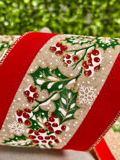 4 Inch By 10 Yard Holly Leaves And Berries Velvet Ribbon