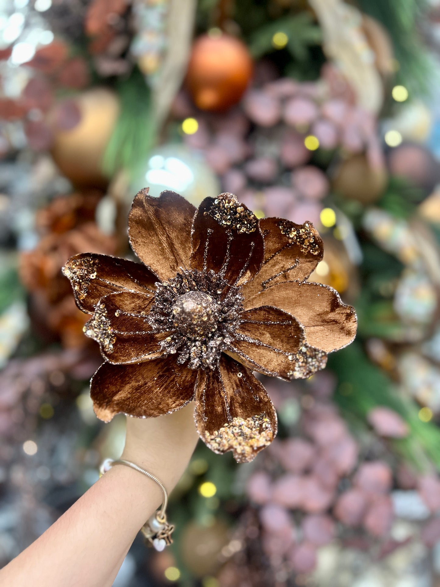 17 Inch Sequined Bronze Magnolia Stem