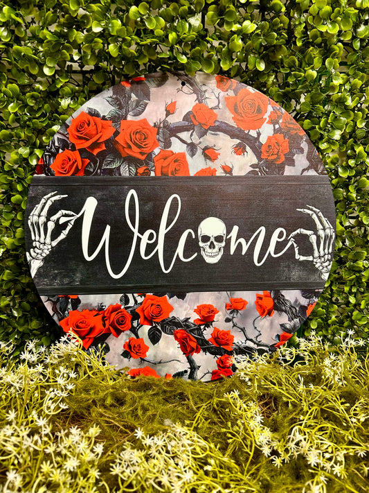 12 Inch Welcome With Skeleton Metal Sign