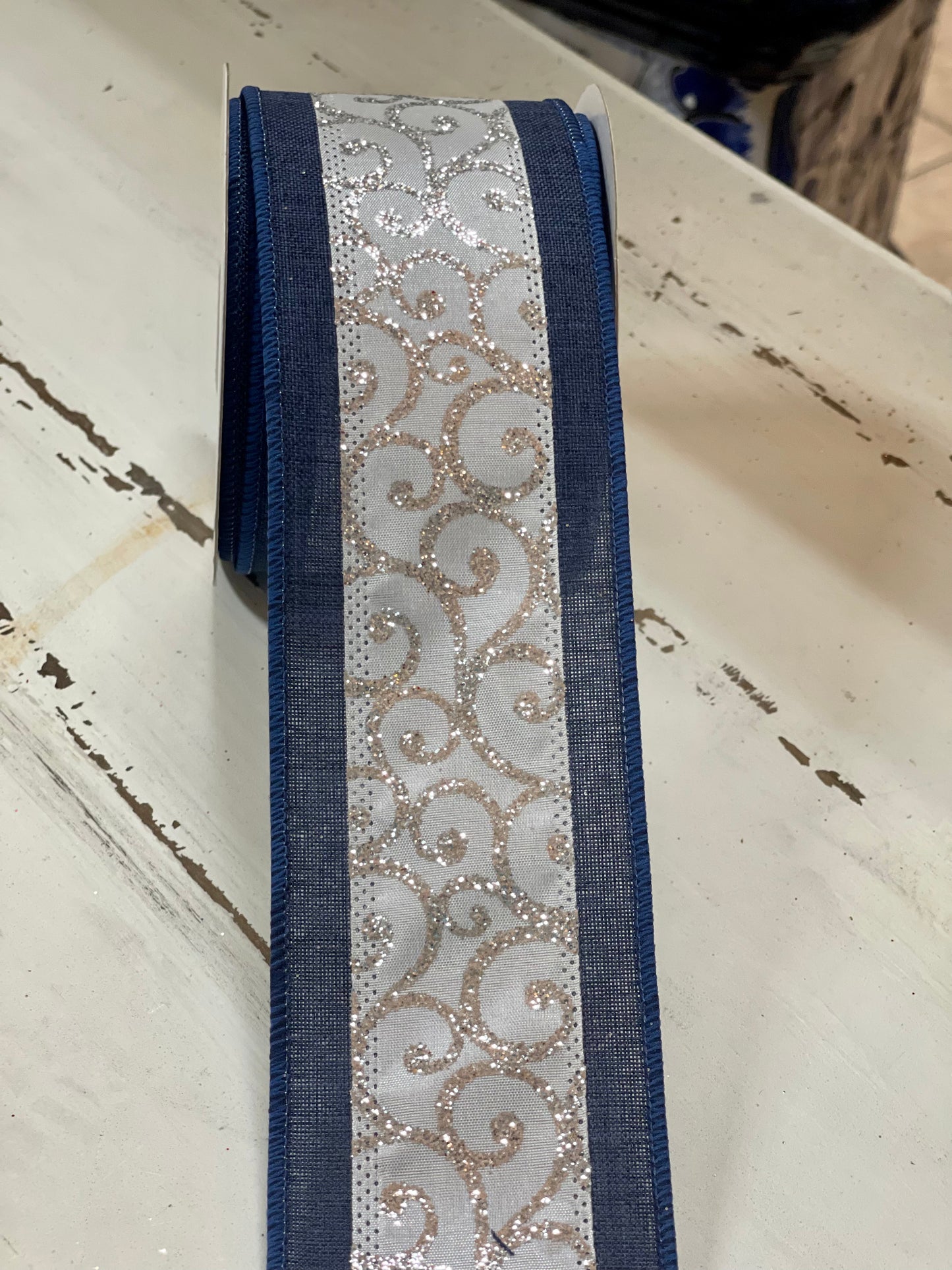 2.5 Inch Navy With Silver Glittered Swirl Ribbon
