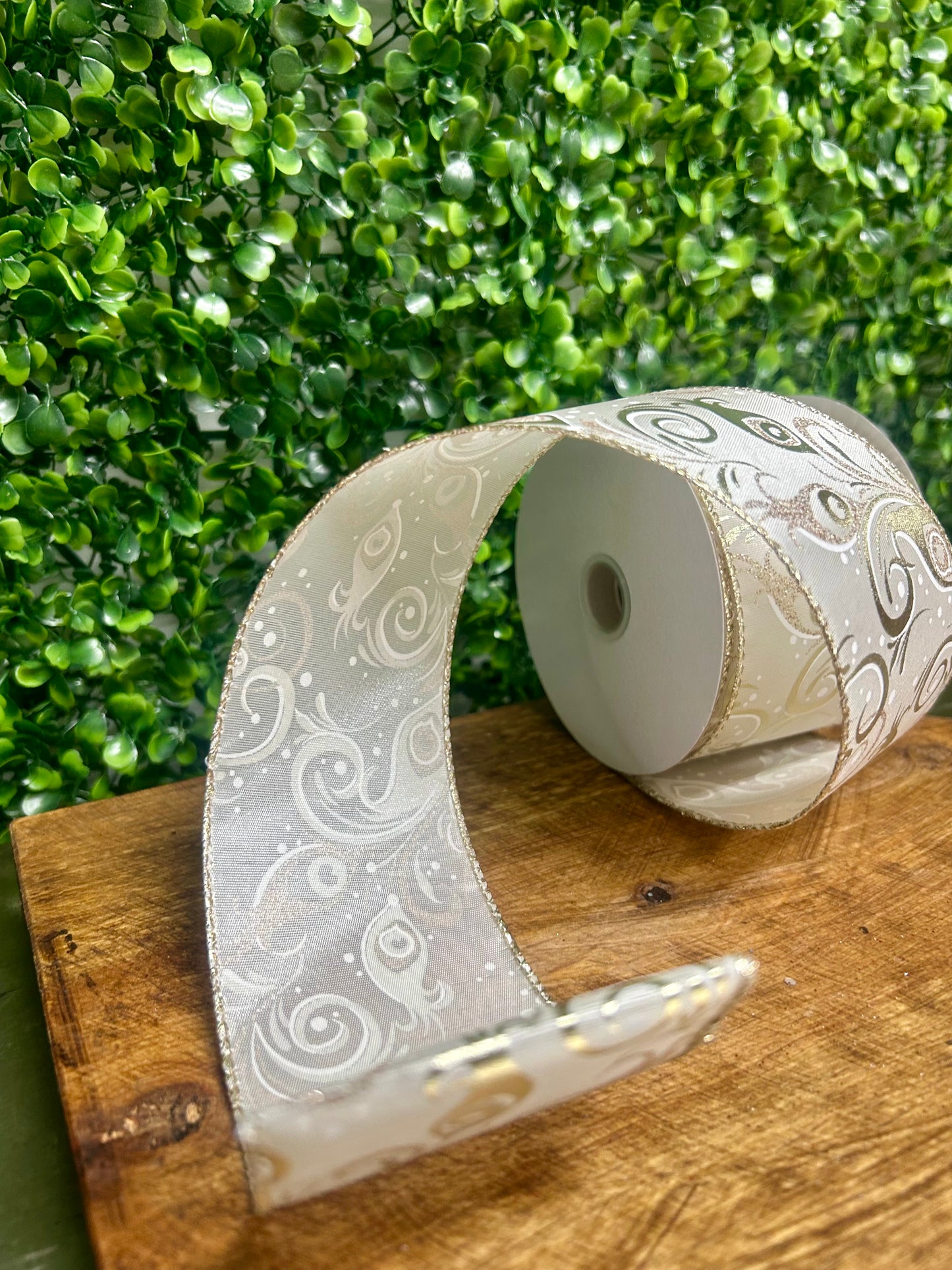 2.5 Inch By 10 Yard Champagne Peacock Swirls Ribbon