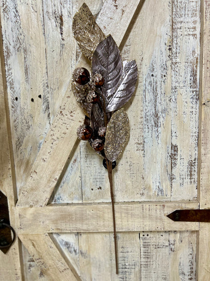 27.5 Inch Icy Pewter And Brown Metallic Magnolia Leaf Ball Spray