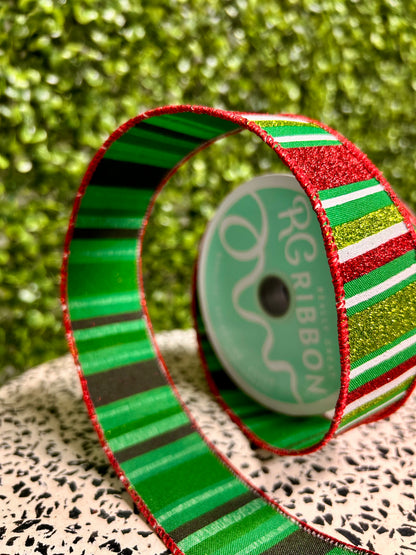 1.5 Inch By 10 Yard Emerald Red And Lime Horizontal Stripe Ribbon
