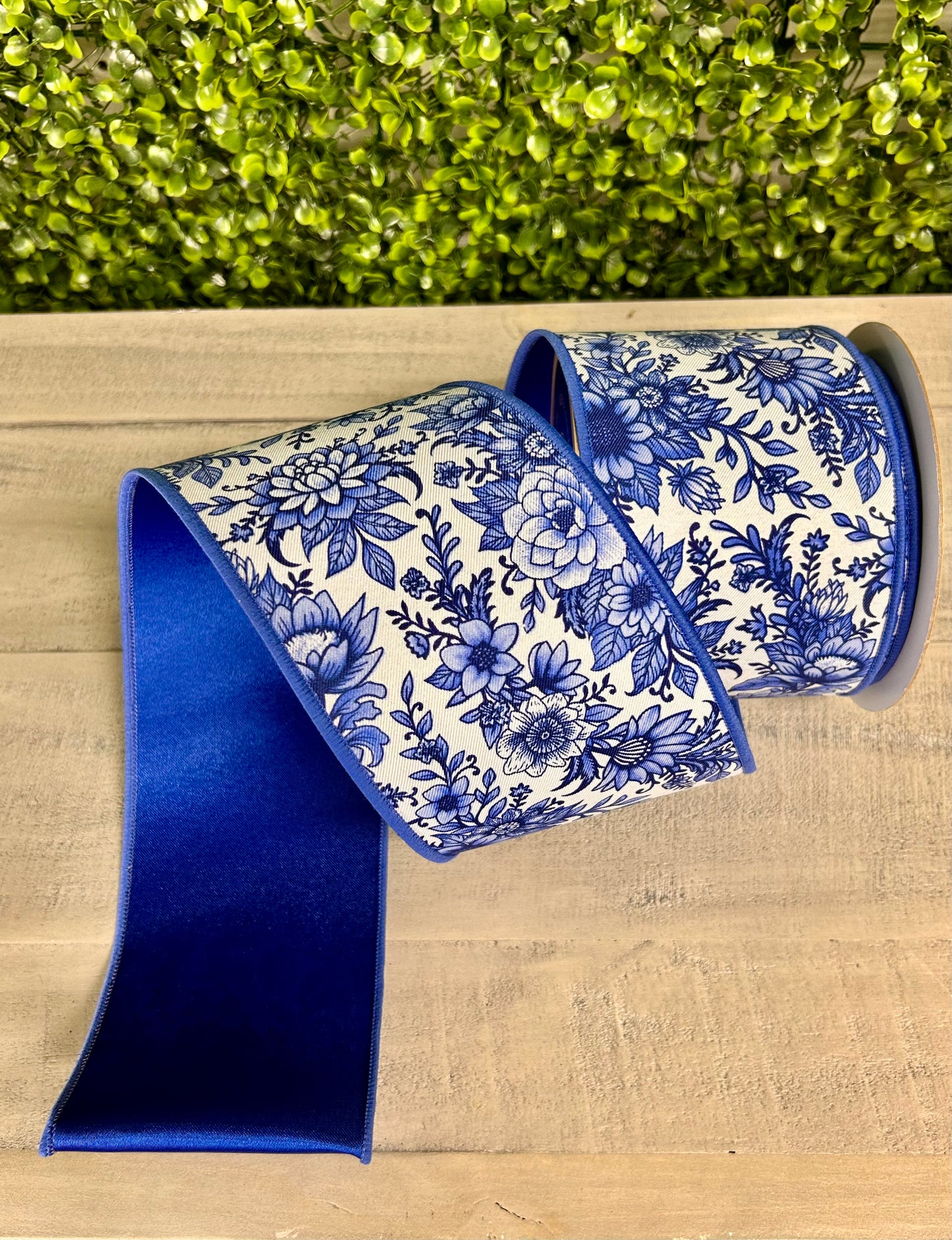 4 Inch By 10 Yard Blue And White Chinoiserie Floral Fused Ribbon