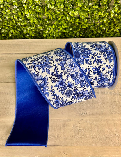 4 Inch By 10 Yard Blue And White Chinoiserie Floral Fused Ribbon