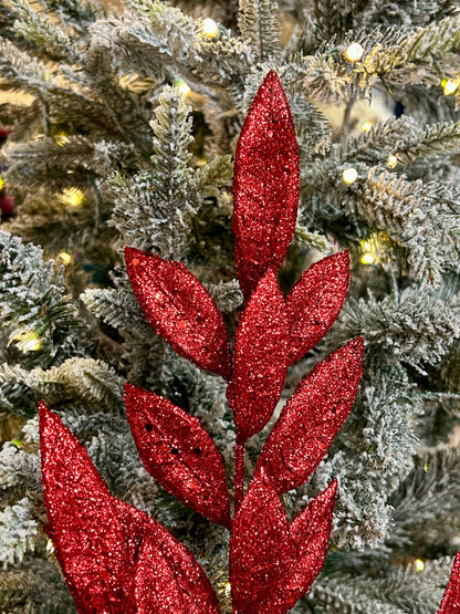 29 Inch Red Glitter Bay Leaf Spray