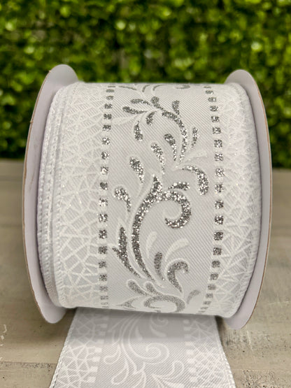 2.5 Inch By 10 Yard White And Silver Swirls Ribbon