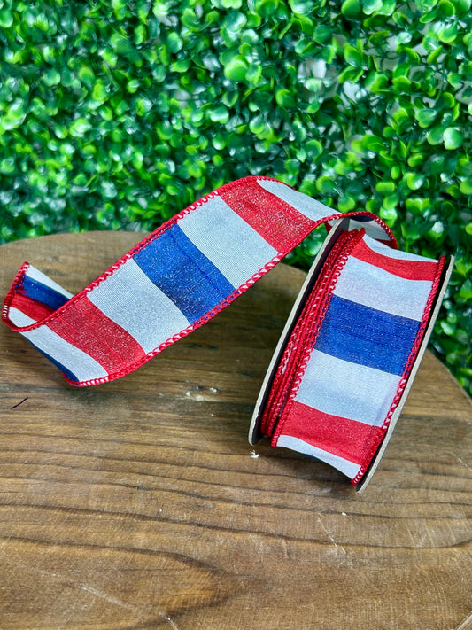 1.5 Inch By 10 Yard Red White And Blue American Dupioni Bar Wired Edge Ribbon
