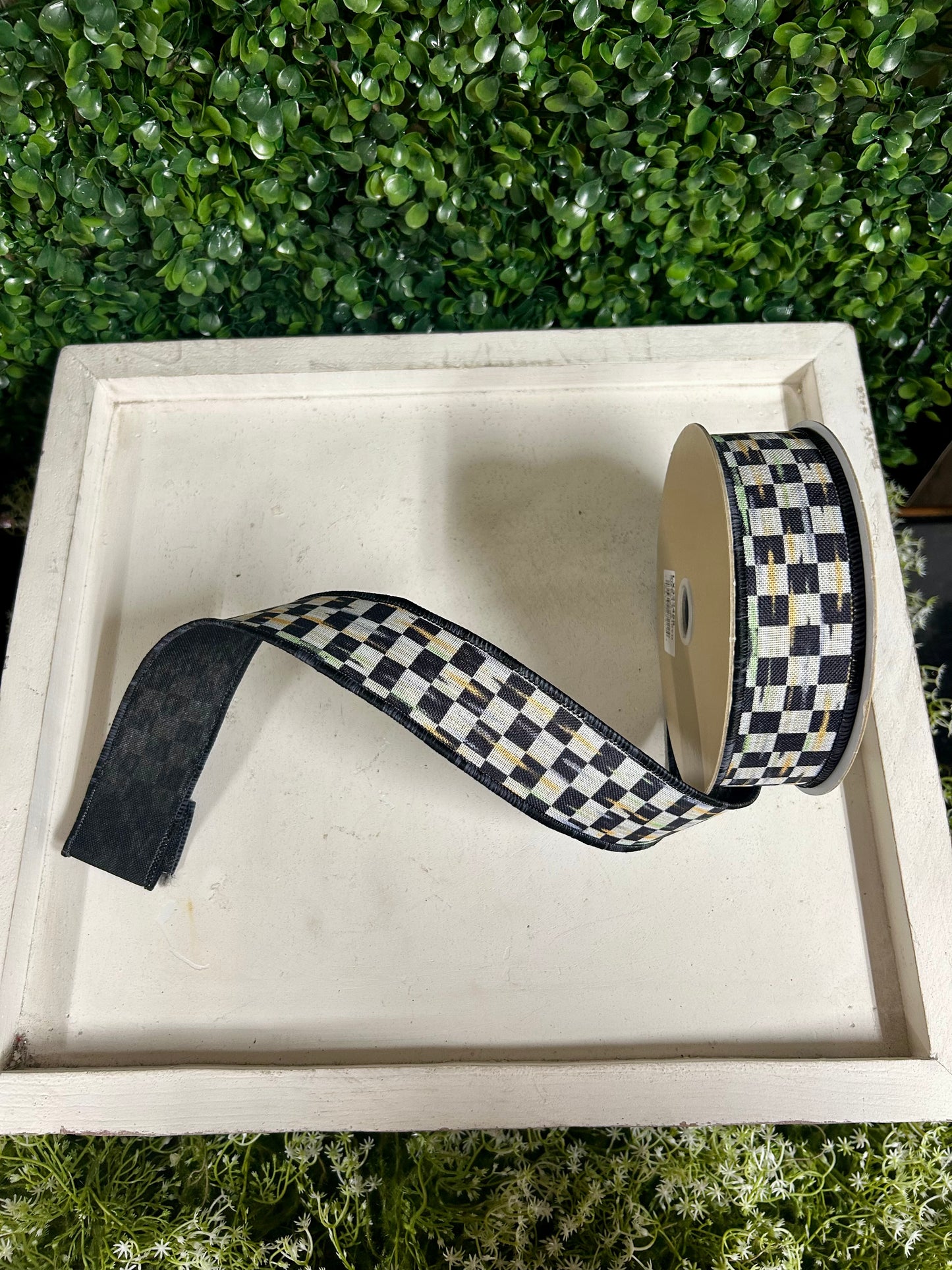 1.5 Inch By 10 Yard Beige And Black Mini Antique Checkerboard Ribbon