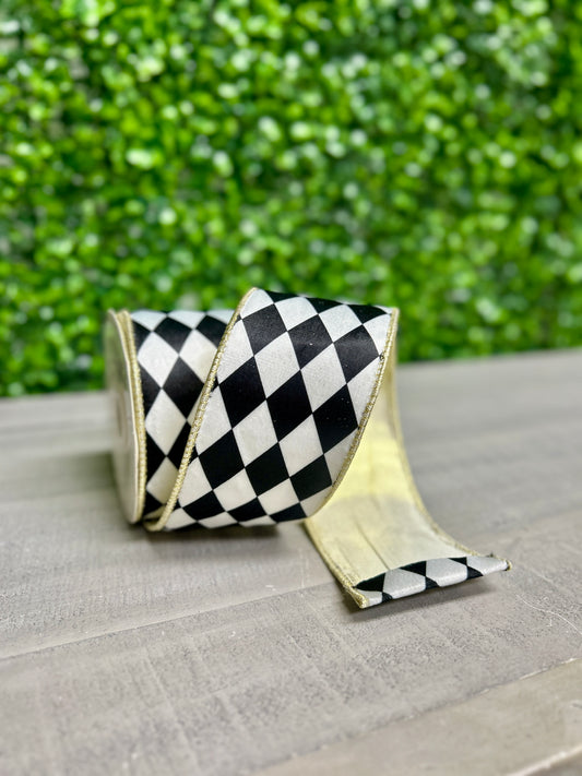 David Christopher's 2.5 Inch By 10 Yard Harlequin Print With Gold Edge Ribbon