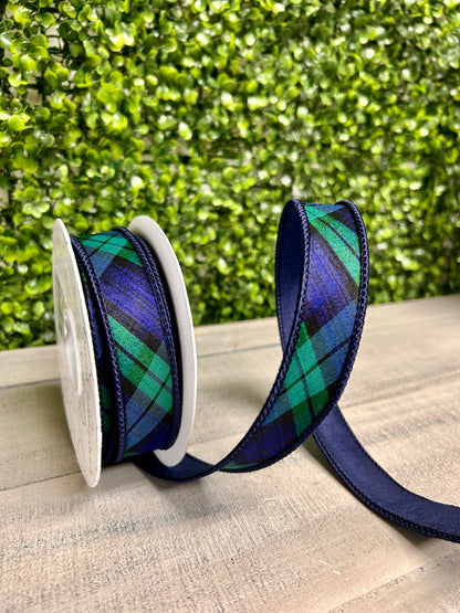 David Christopher 1 Inch By 10 Yard Navy Blue and Evergreen Plaid Ribbon