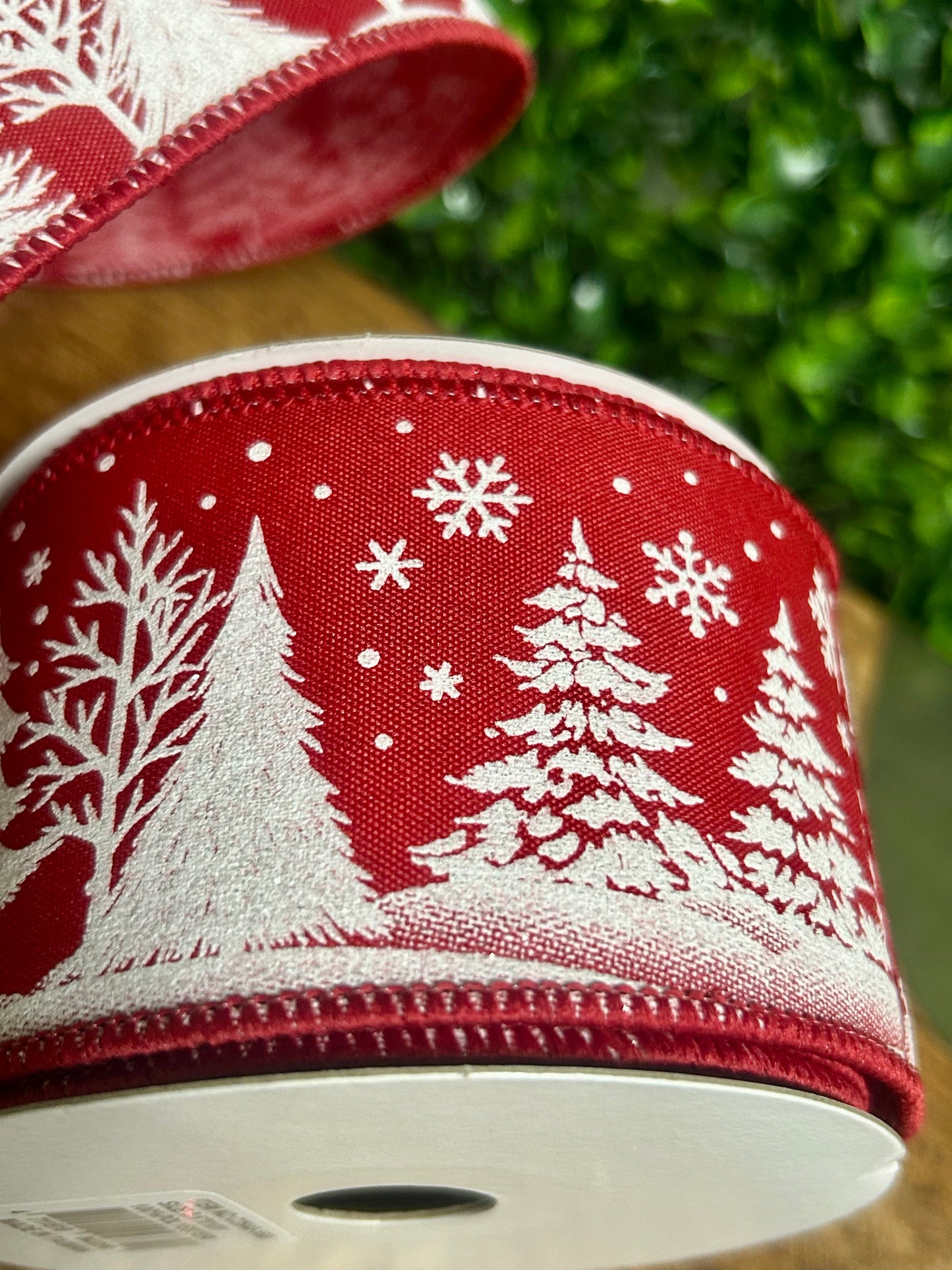 2.5 Inch By 10 Yard White Christmas Trees On Red Background Ribbon