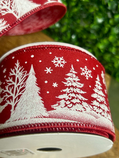 2.5 Inch By 10 Yard White Christmas Trees On Red Background Ribbon