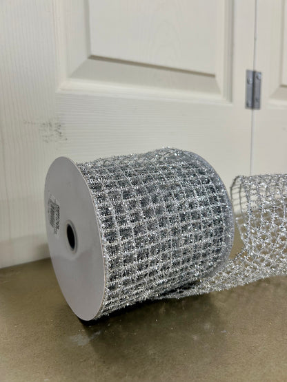 4.25 Inch By 10 Yard Silver Tinsel Mesh Ribbon