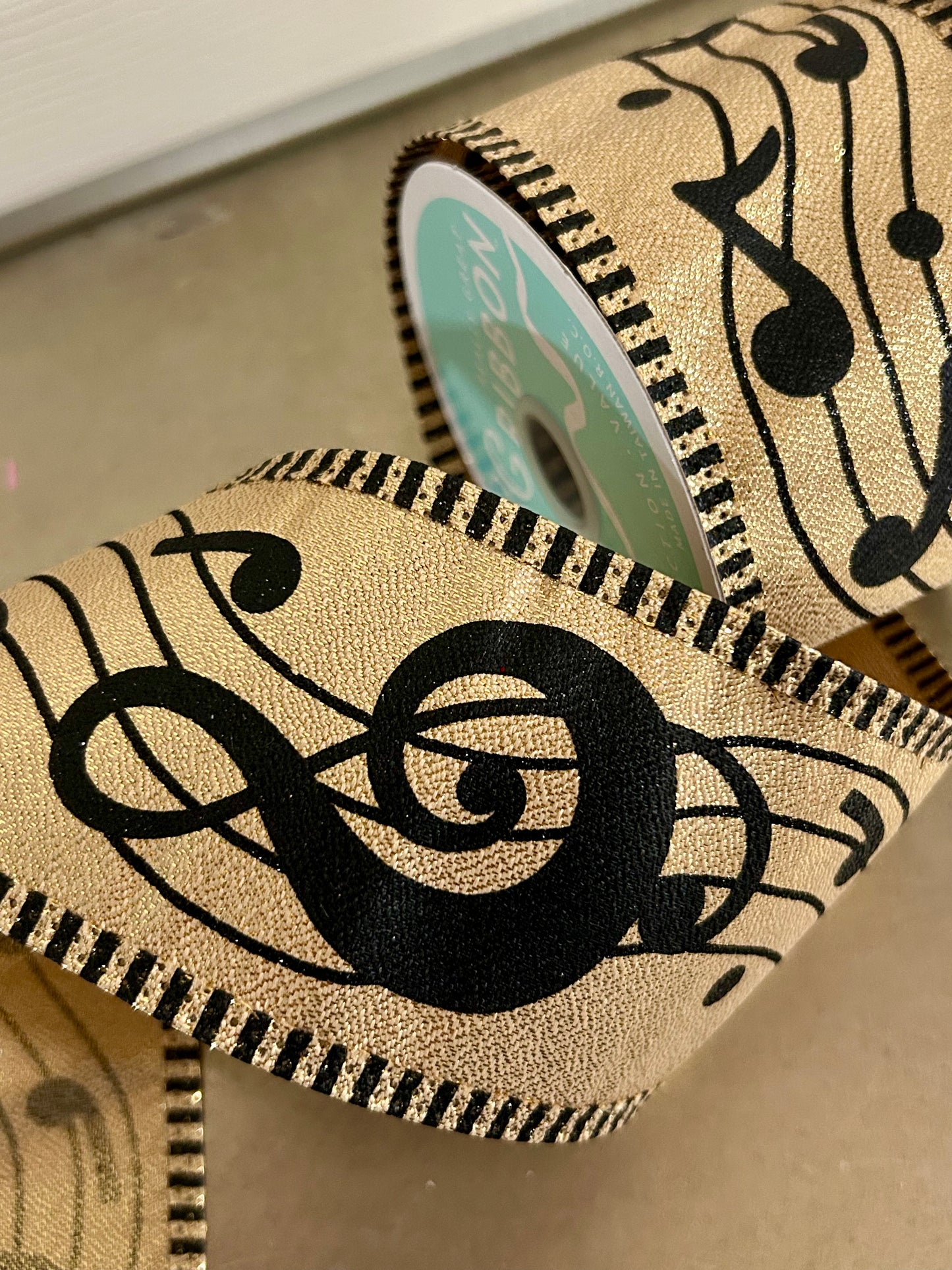 2.5 Inch By 10 Yard Gold And Black Bold Music Notes Striped Ribbon