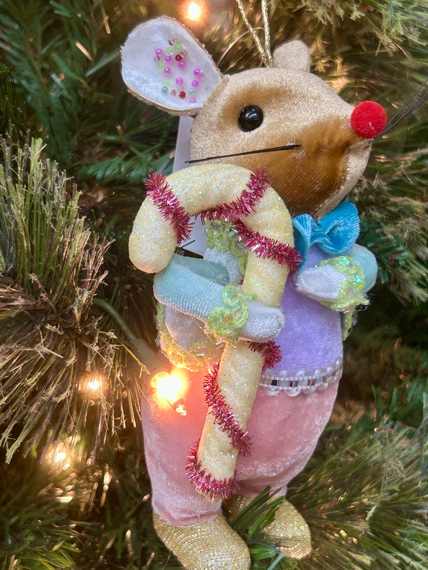 Mark Roberts 6 Inch Felt Pastel Mouse With Candy Cane Ornament