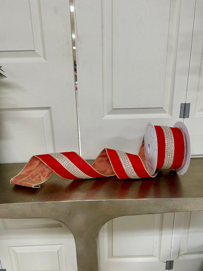 4 Inch By 10 Yard Red Faux Dupioni With Rhinestone Center Stripe Ribbon