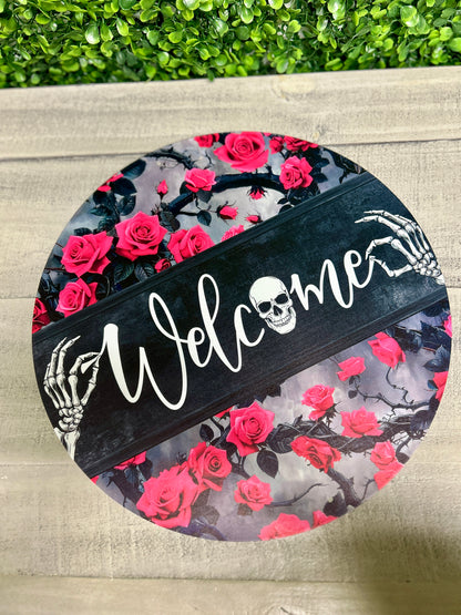 12 Inch Welcome With Pink Roses And Skeleton Metal Sign