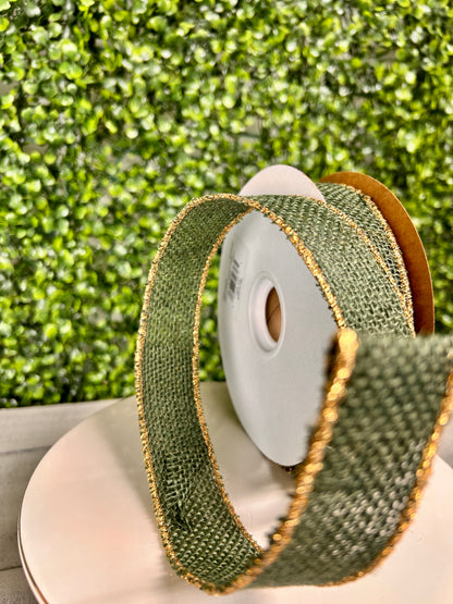 1 3/8 Inch By 10 Yard Hunter Green Burlap With Gold Edge Ribbon