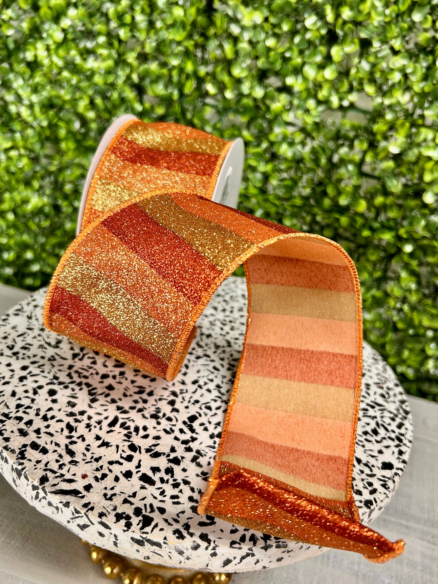2.5 Inch By 10 Yard Three Tone Copper Horizontal Glitter Stripes Ribbon