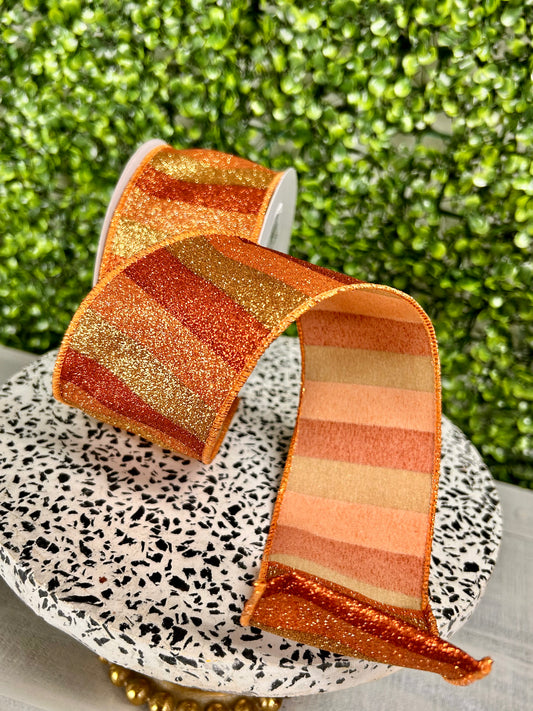 2.5 Inch By 10 Yard Three Tone Copper Horizontal Glitter Stripes Ribbon
