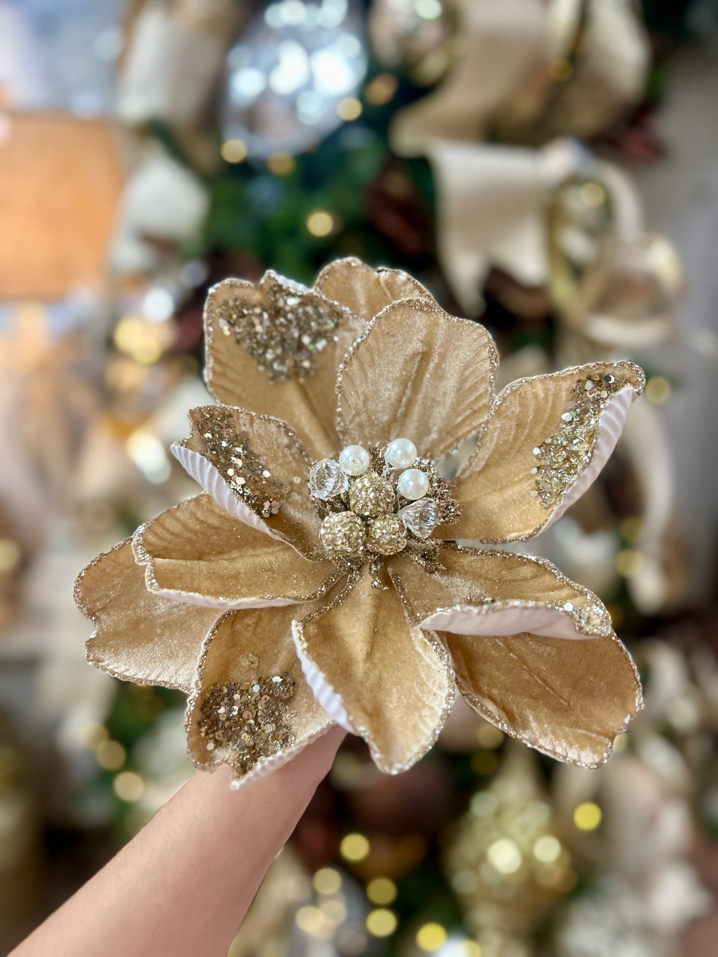 22 Inch Taupe Glitter Sequin And Bead Magnolia Spray
