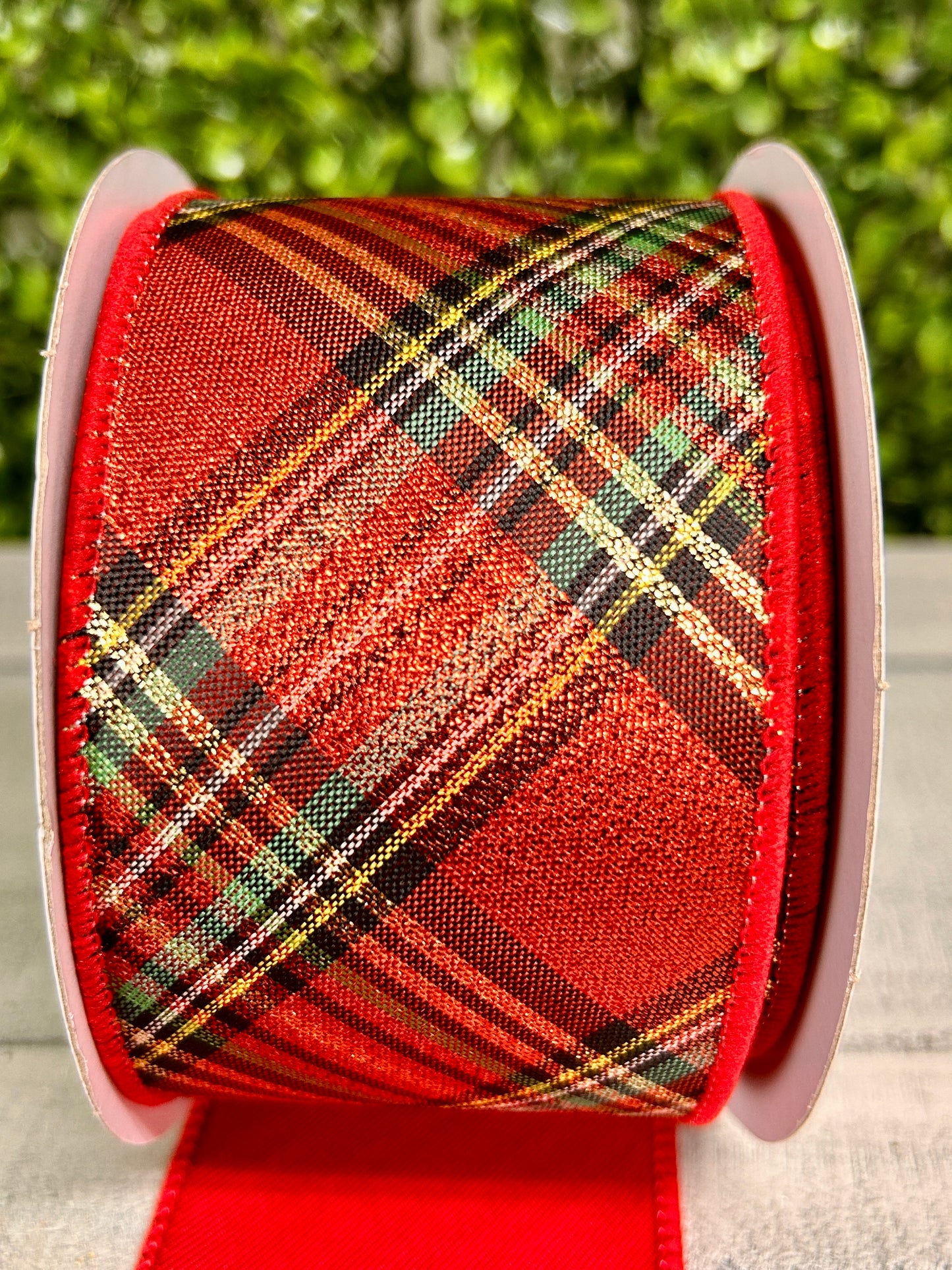 2.5 Inch By 10 Yard Red Green And Yellow Metallic Diagonal Plaid With Fused Back Ribbon