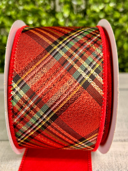 2.5 Inch By 10 Yard Red Green And Yellow Metallic Diagonal Plaid With Fused Back Ribbon