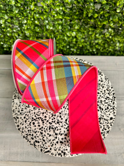 2.5 Inch By 10 Yard Hot Pink Turquoise Lime And Yellow Diagonal Plaid Fused Ribbon