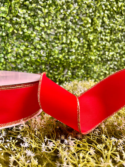 2.5 Inch By 50 Yard Red With Gold Indoor Velvet Ribbon