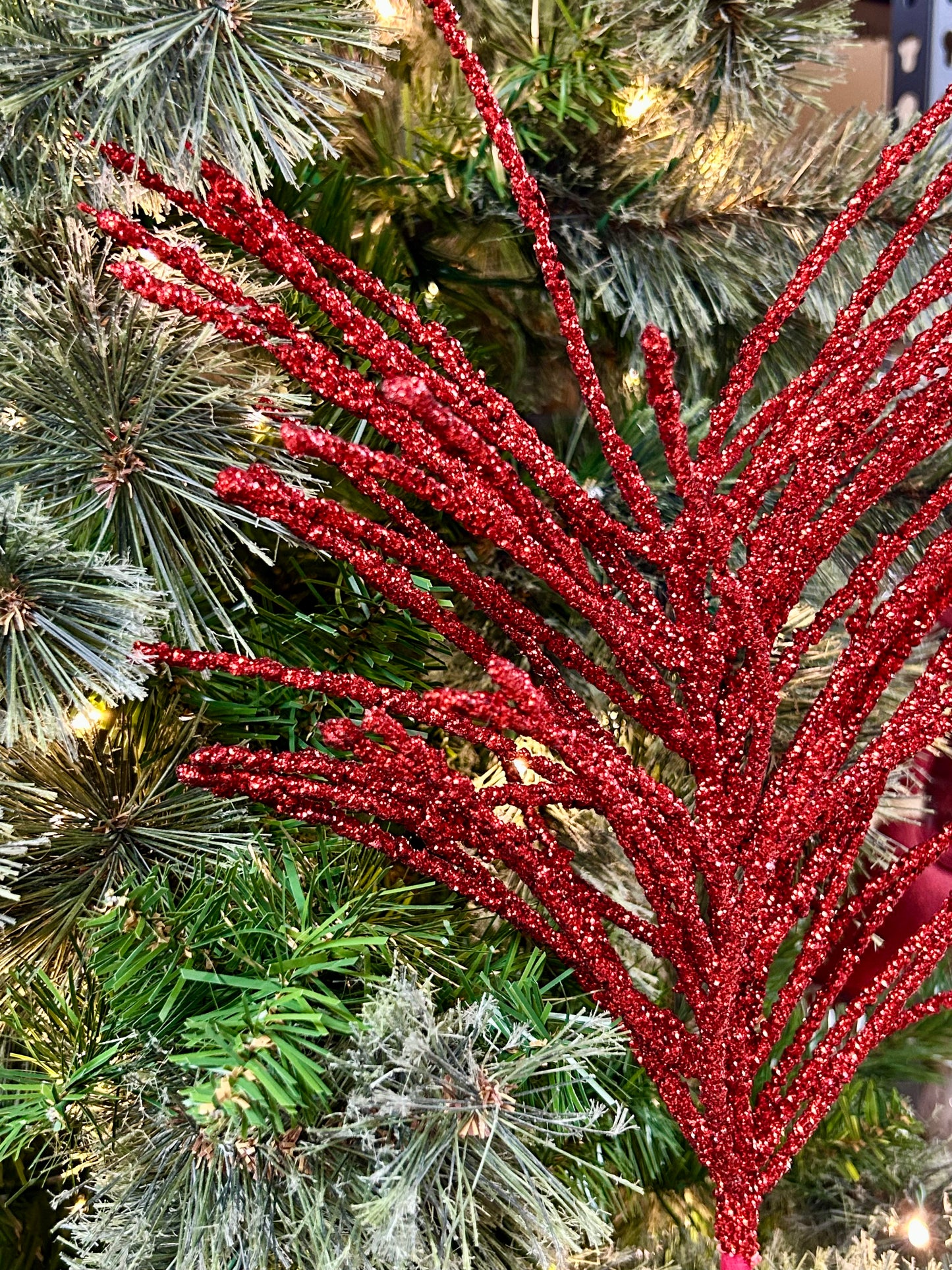 24 Inch Red Glitter Pine Needle Berry Stem