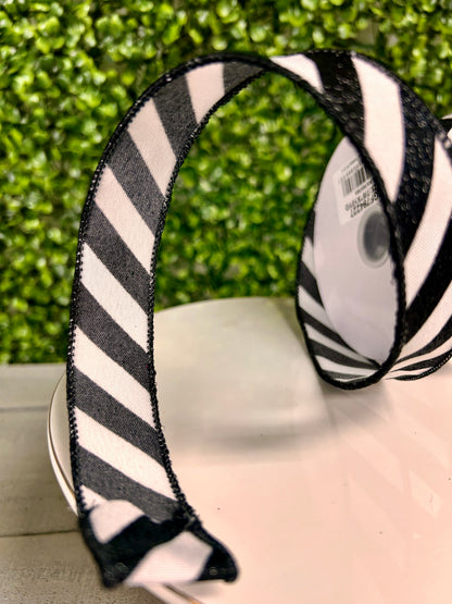 7/8 Inch By 10 Yard White And Black Diagonal Glitter Stripe Ribbon