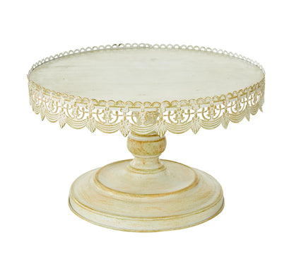 16 Inch Cream Metal Floral Decorative Cake Stand With Lace Inspired Edge