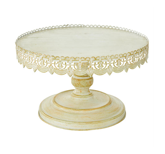 16 Inch Cream Metal Floral Decorative Cake Stand With Lace Inspired Edge