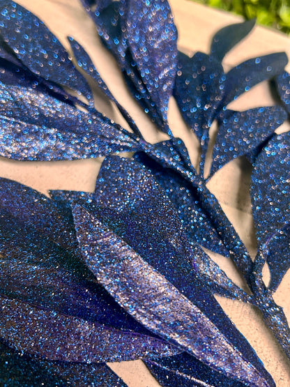 23 Inch Navy Blue Glitter Bay Leaf Spray