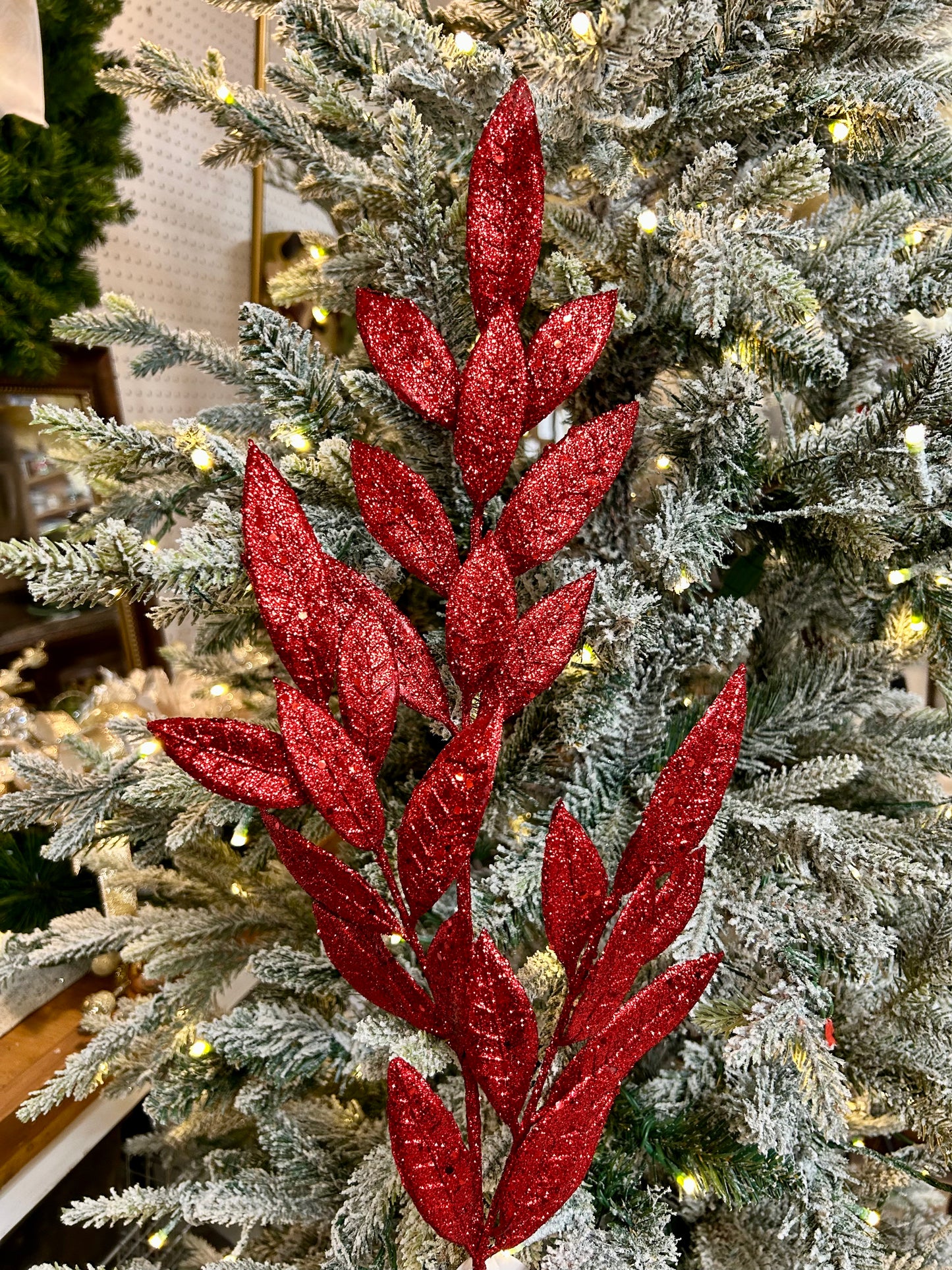 29 Inch Red Glitter Bay Leaf Spray