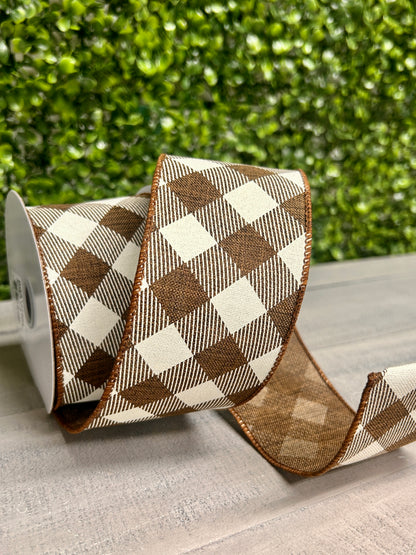 2.5 Inch By 10 Yard Brown And Ivory Diagonal Check On Royal Ribbon