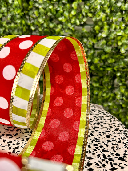 2.5 Inch By 10 Yard Red And White Polka Dots With Lime Stripes Ribbon