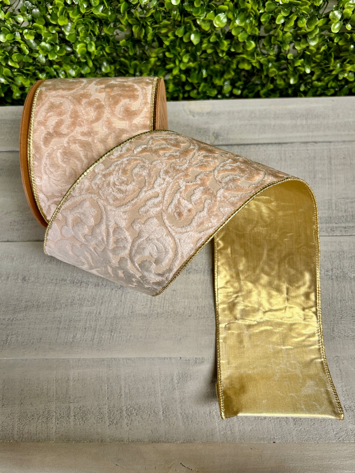 4 Inch By 10 Yard Ivory Velvet Floral Embossed Reversible With Gold Backing Ribbon