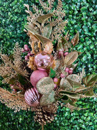 32 Inch Champagne And Pink Glitter Leaf Berry And Cone Spray