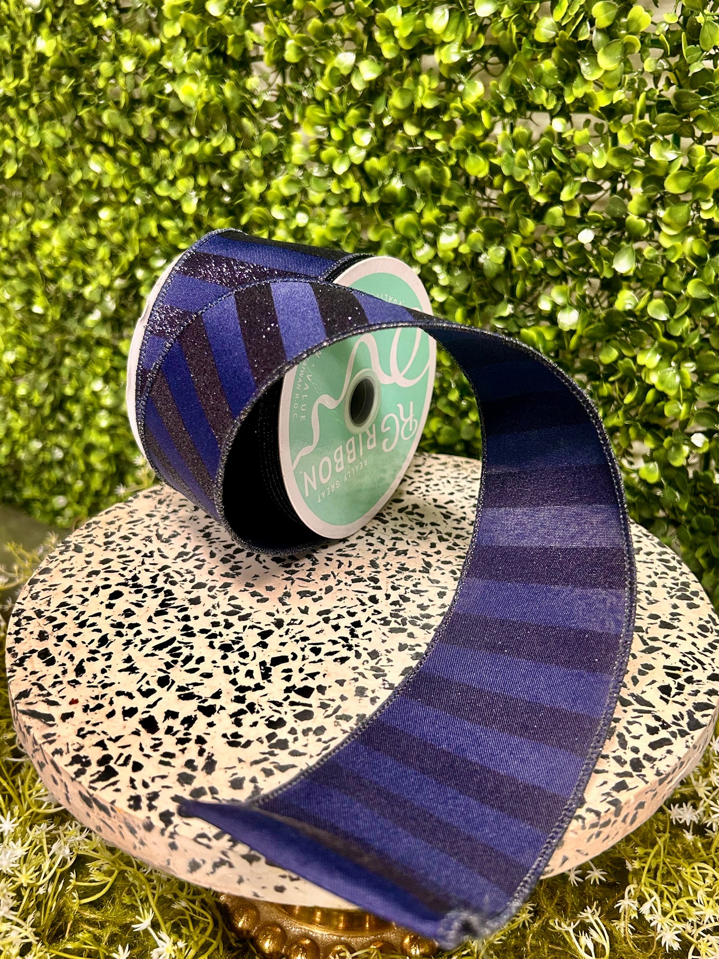 2.5 Inch By 10 Yard Navy Blue Horizontal Glitter Stripes Ribbon