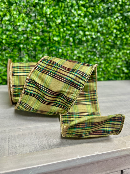 4 Inch By 10 Yard Green Metallic Plaid Ribbon