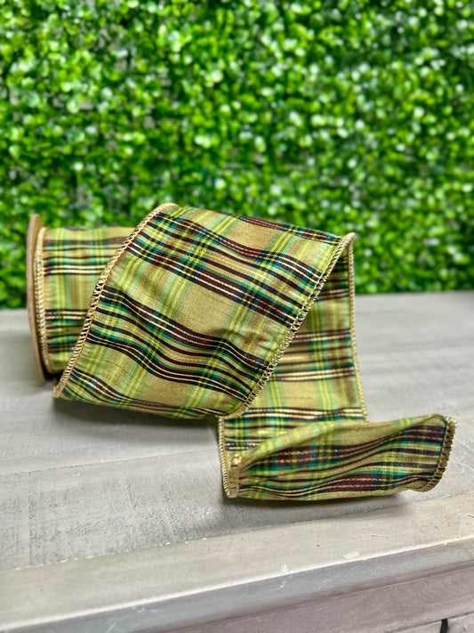 4 Inch By 10 Yard Green Metallic Plaid Ribbon