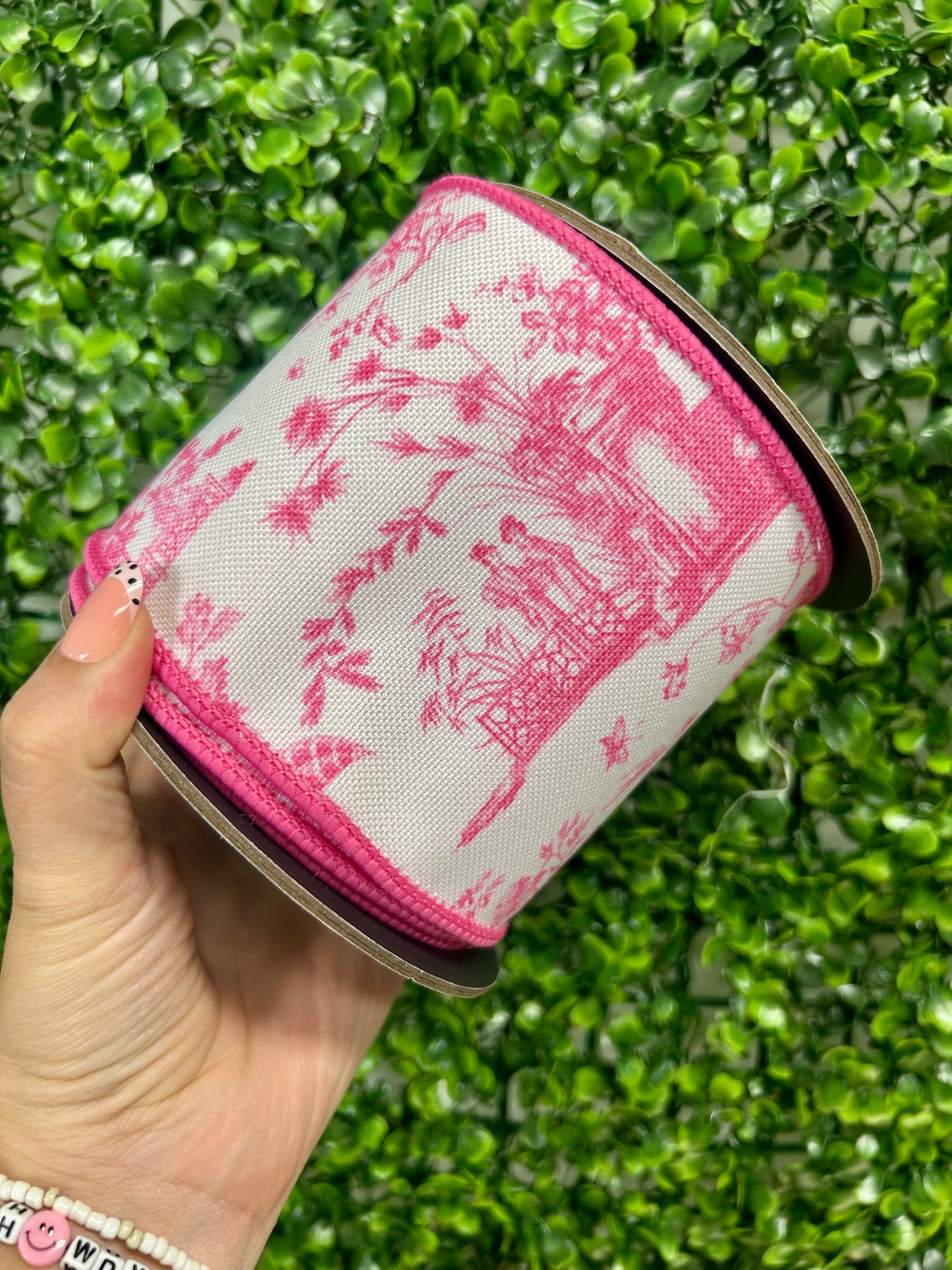 4 Inch By 5 Yard Pink And White Asian Vista Chinoiserie Wired Ribbon