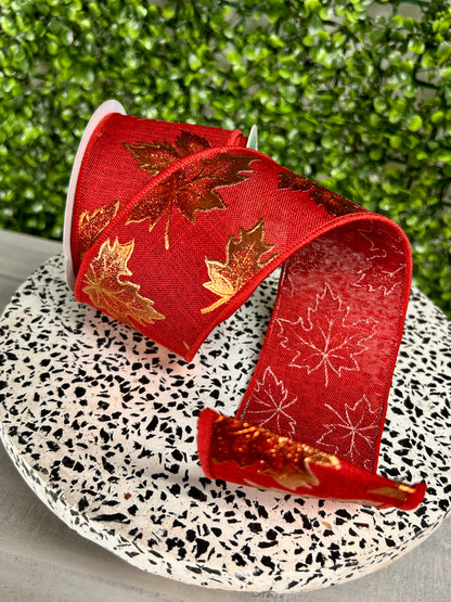 2.5 Inch By 10 Yard Burgundy Foil Maple Leaf On Royal Ribbon