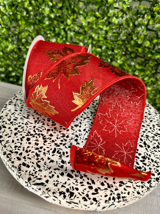 2.5 Inch By 10 Yard Burgundy Foil Maple Leaf On Royal Ribbon
